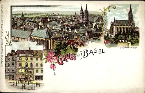 Litho Bâle Basel Stadt Schweiz, Gesamtansicht, St. Elisabethenkirche, Geschäftshaus Julius Brann