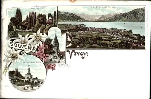 Litho Vevey Kanton Waadt, Tour de Peilz, Panorama, Dent du Midi, Chapelle Russe, Eglise
