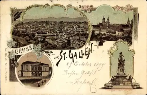 Litho Sankt Gallen Stadt Schweiz, Panorama, Kloster, Museum, Monumentalbrunnen