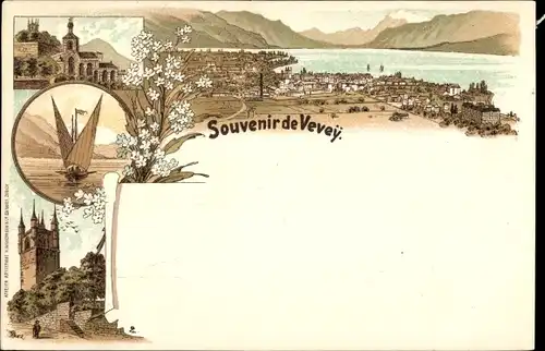 Litho Vevey Kanton Waadt, Panorama, Segelboot, Turm