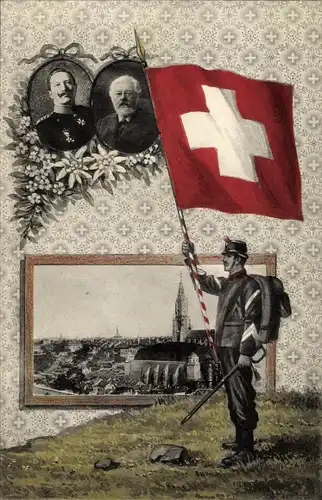 Ak Bern Stadt Schweiz, Stadtpanorama, Ludwig Forrer, Kaiser Wilhelm II., Schweizerischer Soldat