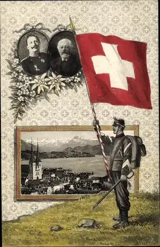 Ak Luzern Stadt Schweiz, Stadtpanorama, Ludwig Forrer, Kaiser Wilhelm II., Schweizerischer Soldat