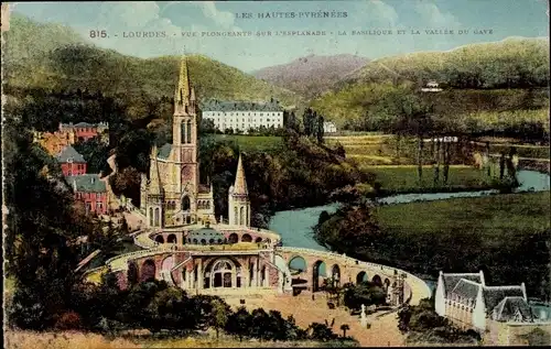 Ak Lourdes Hautes Pyrénées, La Basilique et la Vallee du Gave, Kirche, Fluss