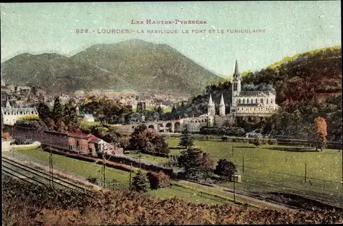 Ak Lourdes Hautes Pyrénées, La Basilique, le Fort et le Funiculaire