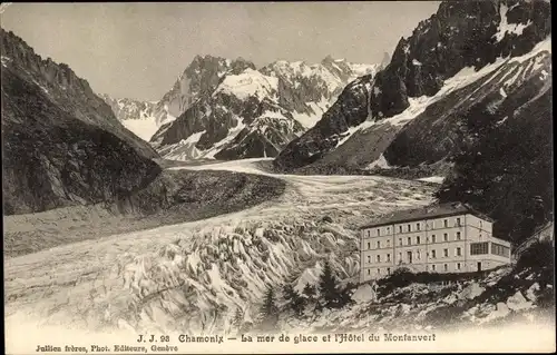 Ak Chamonix Mont Blanc Haute Savoie, La mer de glace et l'Hotel du Montanvert, Gletscher