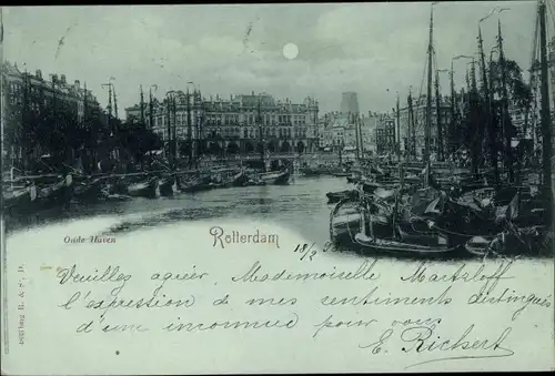 Mondschein Ak Rotterdam Südholland Niederlande, Oude Haven