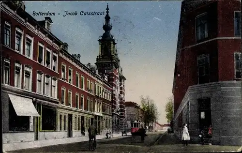 Ak Rotterdam Südholland Niederlande, Jacob Catsstraat, Straßenbahn, Turm