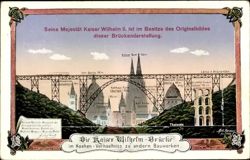 Ak Solingen, Müngstener Brücke, Kaiser Wilhelm-Brücke im Höhenverhältnis zu anderen Bauwerken
