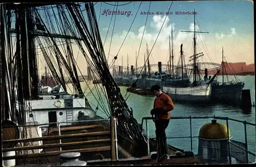 Ak Hamburg, Afrika Kai mit Elbbrücke, Hafenarbeiter, Segelschiffe