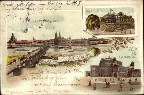 Litho Dresden Altstadt, Hauptansicht von Neustadt gesehen, Kgl. Belvedere, Kgl. Hoftheater