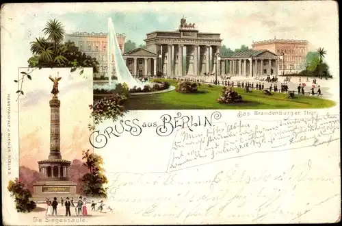 Litho Berlin Tiergarten, Die Siegessäule, Brandenburger Tor, Brunnen