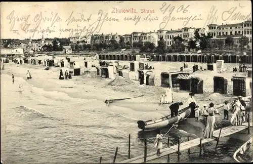 Ak Zinnowitz Usedom, Blick auf den Strand, Strandkörbe, Badende, Boot