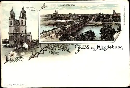Litho Magdeburg an der Elbe, Dom Westseite, Ortsansicht, Brücke