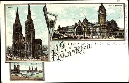 Litho Köln am Rhein, Dom, Neuer Bahnhof, Rheinbrücke