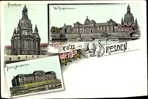 Litho Dresden Altstadt, Frauenkirche, Finanzministerium, Kgl. Kunstakademie