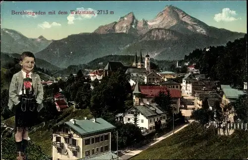 Ak Berchtesgaden in Oberbayern, Watzmann, Ortsansicht, Junge in Tracht