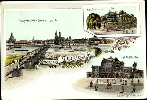 Litho Dresden Altstadt, Hauptansicht von Neustadt gesehen, Kgl. Belvedere, Kgl. Hoftheater