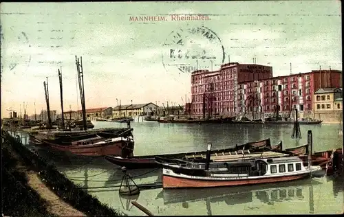 Ak Mannheim in Baden, Blick auf den Rheinhafen, Boote, Speicherhäuser