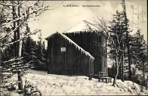 Ak Ilmenau in Thüringen, Goethehäuschen, Außenansicht, Winter