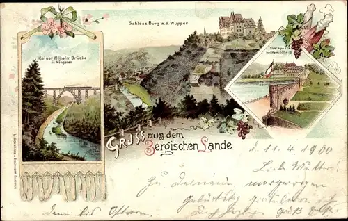 Litho Burg an der Wupper Solingen, Bergisches Land, Kaiser Wilhelm Brücke, Schloss Burg, Talsperre