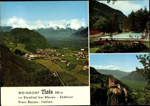 Ak Nals Nalles Südtirol, Ortsansicht, Schwimmbad, Burg