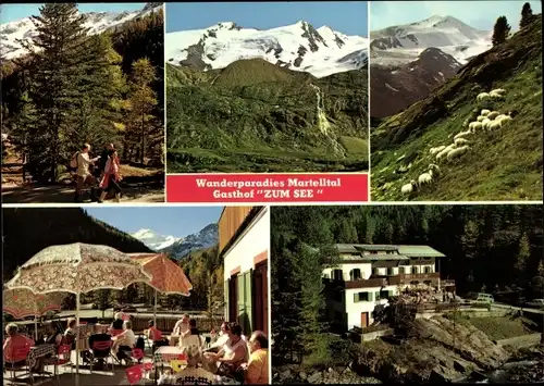 Ak Martelltal Val Martello Vinschgau Bozen Italien, Gasthof zum See, Wanderer, Terrasse, Schafherde