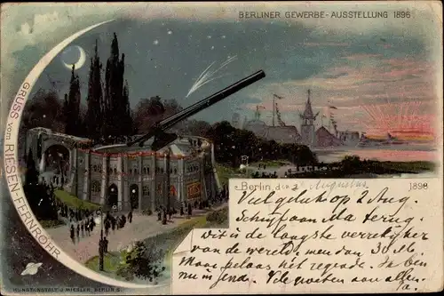 Mondschein Ak Litho Berlin, Gewerbe-Ausstellung 1896, Riesen-Fernrohr