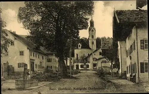 Ak Bad Kohlgrub in Oberbayern, Dorfstraße mit Kirche