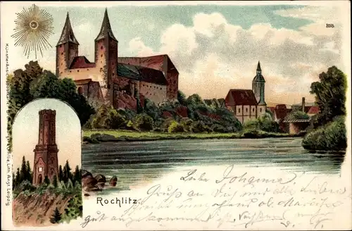 Sonnenschein Litho Rochlitz an der Mulde, Schloss, Kirche, Turm