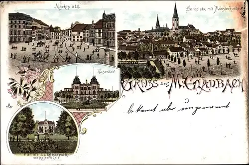 Litho Mönchengladbach am Niederrhein, Marktplatz, Münsterkirche, Kaiserbad, Kaiserpark