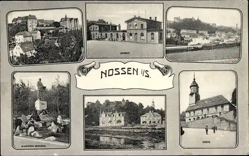 Ak Nossen in Sachsen, Schloss, Bahnhof, Kirche, Bismarckdenkmal