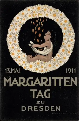 Künstler Ak Dresden, Margaritten Tag 1911, Blumentag, Kranz, Geldregen