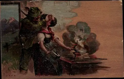 Ak Jäger hält kochender Frau die Augen zu, Reklame, Murjahn's Anstrichpulver, Otto Mierisch, Dresden