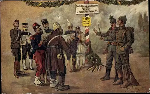 Künstler Ak Aram, Toni, Deutschland über alles, Gesangsübung mit Kriegsgefangenen, 1914