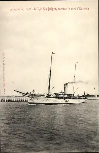 Ak Ostende Westflandern, L'Alberta, Yacht du Roi des Belges sorlant le port