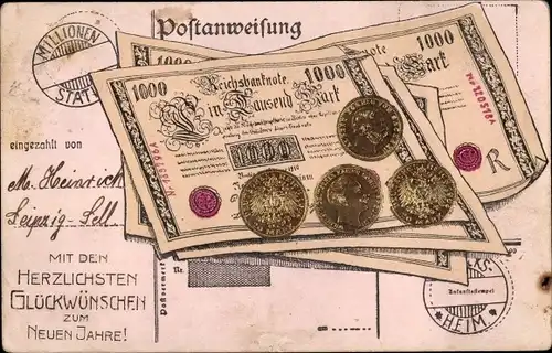 Ak Glückwunsch Neujahr, Postanweisung, Reichsbanknote, Münzen