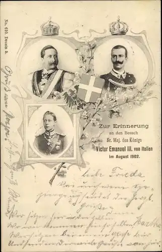 Ak Kaiser Wilhelm II. und König Victor Emanuel III., Kronprinz Wilhelm, Besuch, 1902