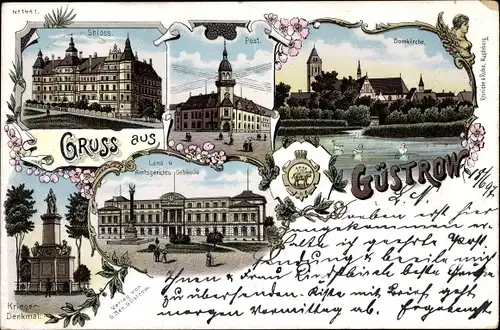 Litho Güstrow in Mecklenburg, Schloss, Post, Domkirche, Amtsgericht, Kriegerdenkmal
