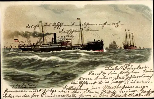 Litho Dampfer Strauss beim Weserfeuerschiff, Argo Reederei
