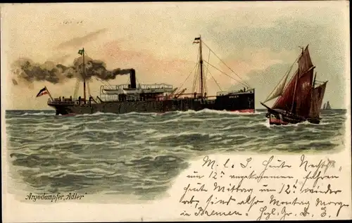 Litho Dampfer Adler, Argo Reederei, Segelschiff