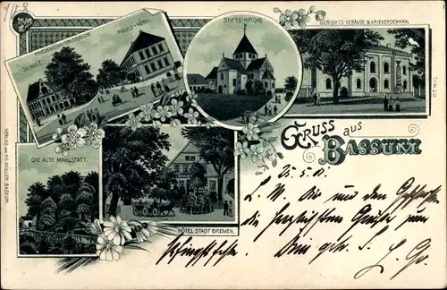 Litho Bassum im Kreis Diepholz, Stiftskirche, Friedenseiche, Schule, Pleuss Hotel,Hotel Stadt Bremen