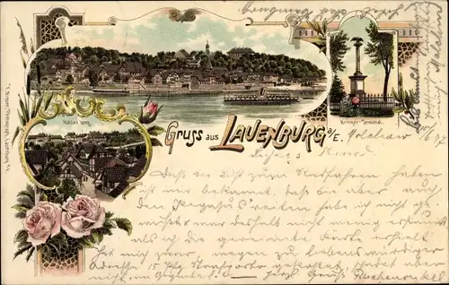 Litho Lauenburg an der Elbe, Kriegerdenkmal, Blick auf den Ort, Rosen