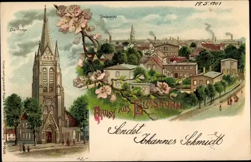 Litho Elmshorn in Schleswig Holstein, Totalansicht und Kirche, Kirschblüten