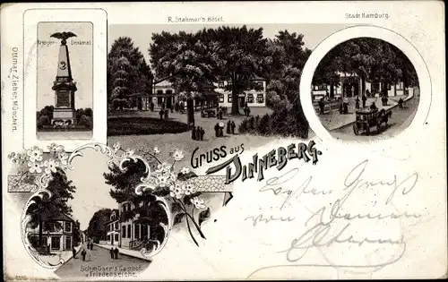 Litho Pinneberg in Holstein, Kriegerdenkmal, Hotel Stadt Hamburg, Schmüser's Gasthof, Friedenseiche