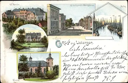 Litho Uetersen Schleswig Holstein, Königliches Seminar, Schloss Düneick, Kirche, Amtsgericht, Hafen