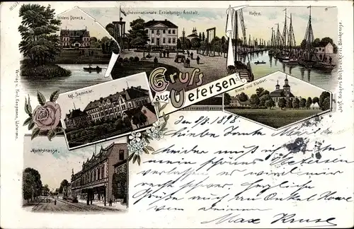 Litho Uetersen, Hafen, Internationale Erziehungsanstalt, Schloss Düneck, Kgl. Seminar, Marktstraße
