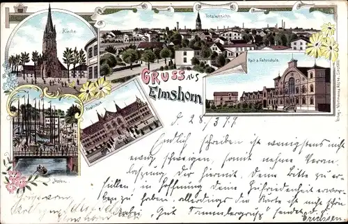 Litho Elmshorn im Kreis Pinneberg, Kirche, Reit und Fahrschule, Realschule, Hafen