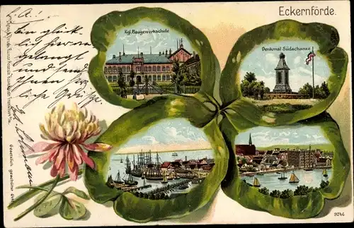 Präge Kleeblatt Litho Ostseebad Eckernförde, Denkmal Südschanze, Baugewerkschule, Hafen