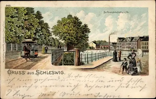 Litho Schleswig an der Schlei, Schwanenteich, Pferdestraßenbahn