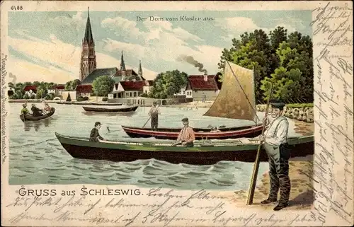 Litho Schleswig an der Schlei, Dom vom Kloster aus gesehen, Ruderboote